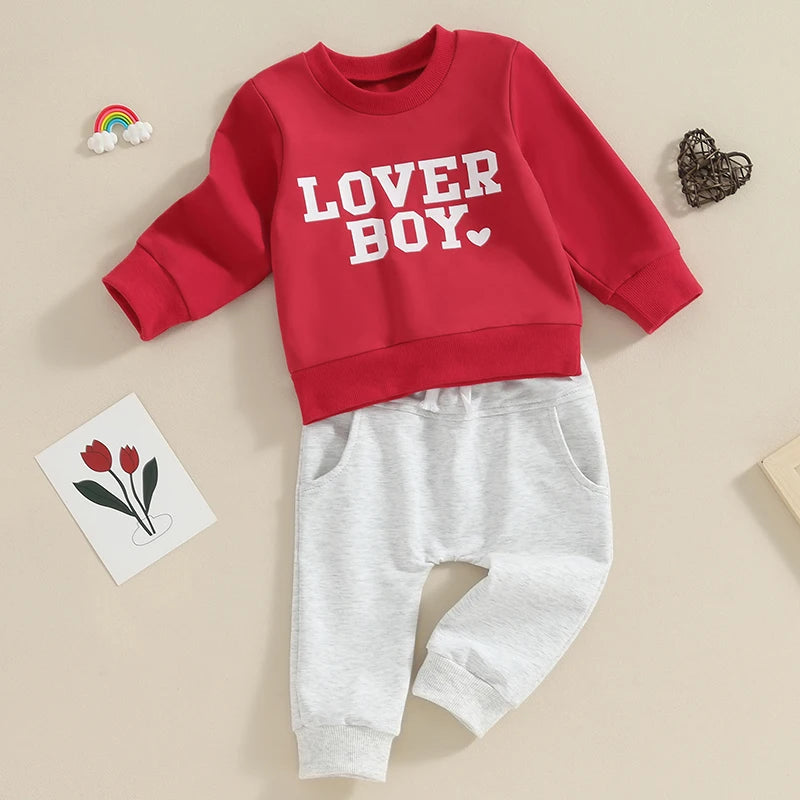 Toddler Baby Kids Boys 2Pcs Valentine's Day Clothes Long Sleeve Pullover Crewneck Lover Boy Top Pants Outfit Set