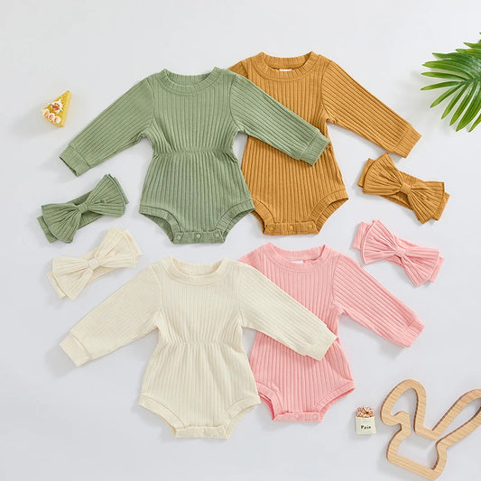 Baby Girls Spring Fall Solid Color Round Neck Long Sleeve Ribbed Romper Bow Headband Set