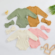 Load image into Gallery viewer, Baby Girls Spring Fall Solid Color Round Neck Long Sleeve Ribbed Romper Bow Headband Set
