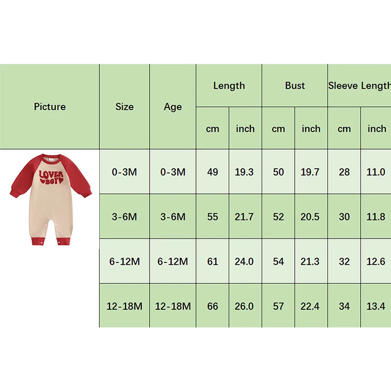 Baby Boys Lover Boy Valentine's Day Romper Heart Letter Embroidery Long Sleeve Crew Neck Raglan Valentines Jumpsuit