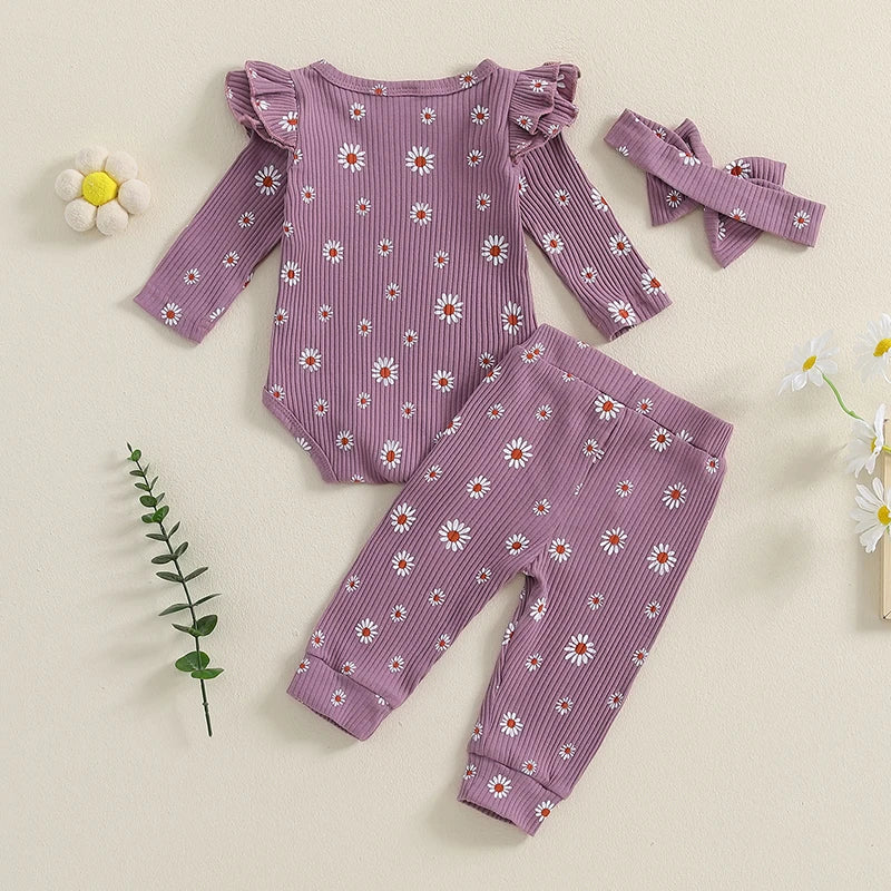 Baby Girls 3Pcs Ribbed Outfit Daisy Flower Print Long Sleeve Romper Elastic Waist Pants Headband Fall Set