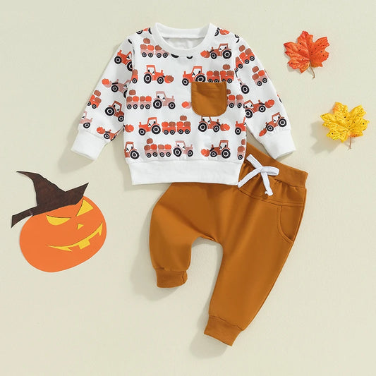 Baby Toddler Boys 2Pcs Set Tractor Pumpkin Print Pocket Long Sleeve O-Neck Top Drawstring Long Pants Outfit Set