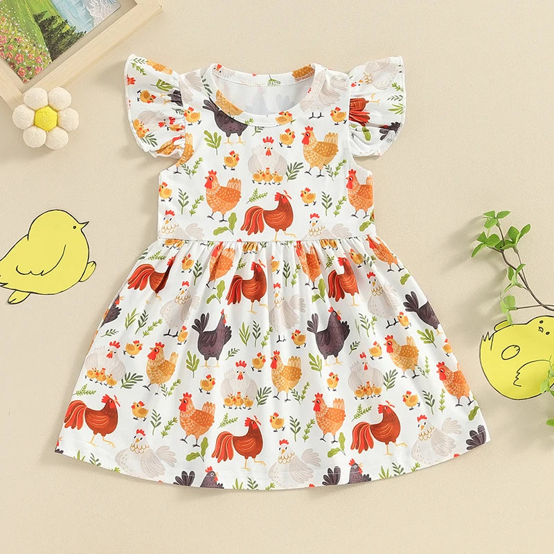 Baby Toddler Girls Dress Farm Rooster Hen Print Fly Short Sleeve Crew Neck Dress Summer Fall