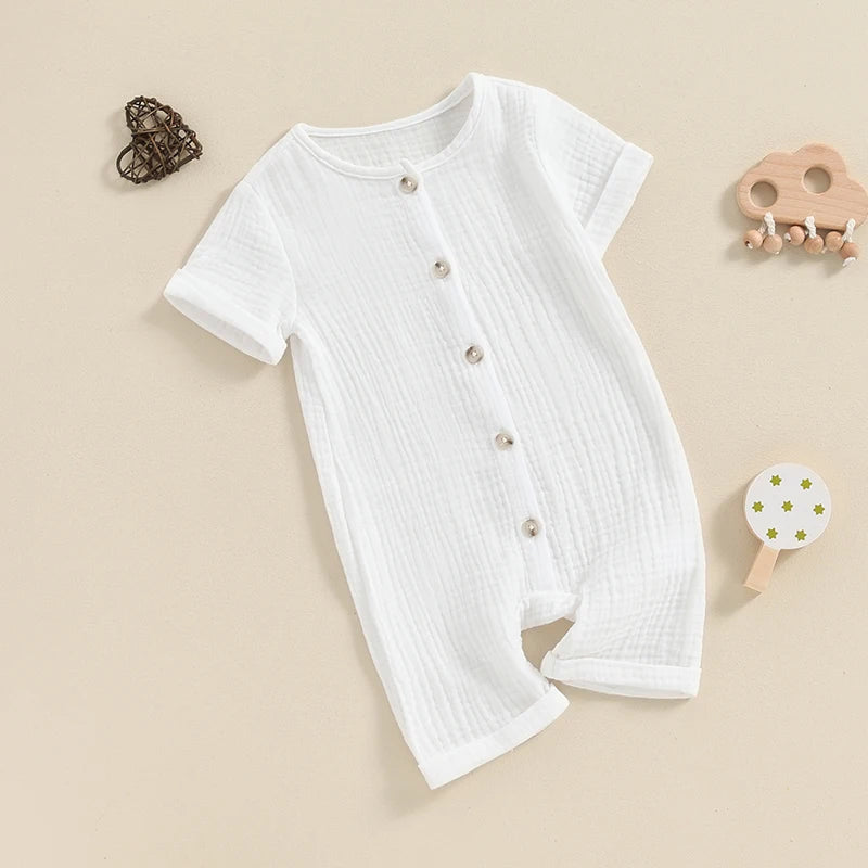 Baby Boys Girls Summer Short Sleeve Romper Solid Color Front Button Jumpsuit