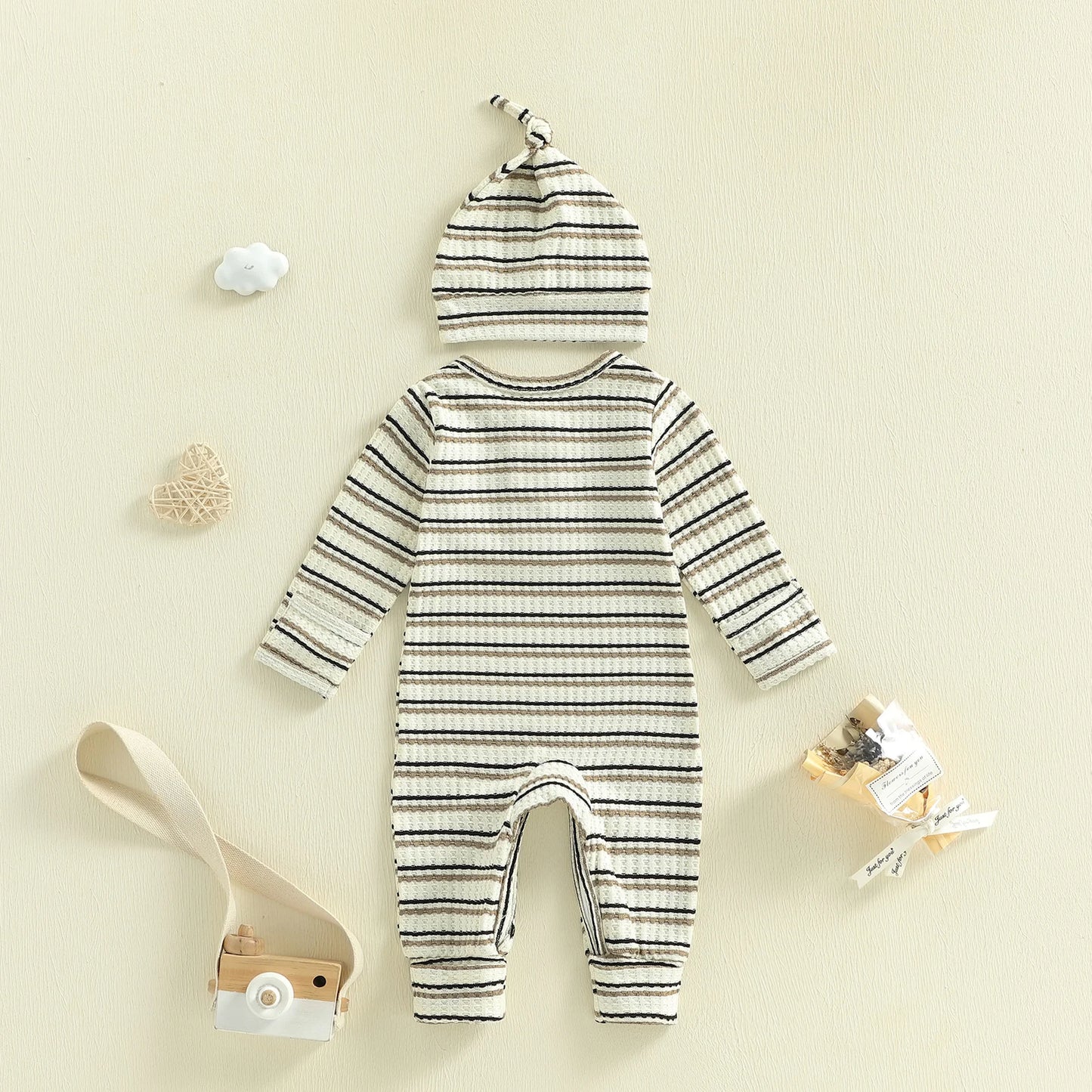 Baby Boy Girl 2Pcs Outfit Striped Long Sleeve Romper and Knotted Hat Spring Set