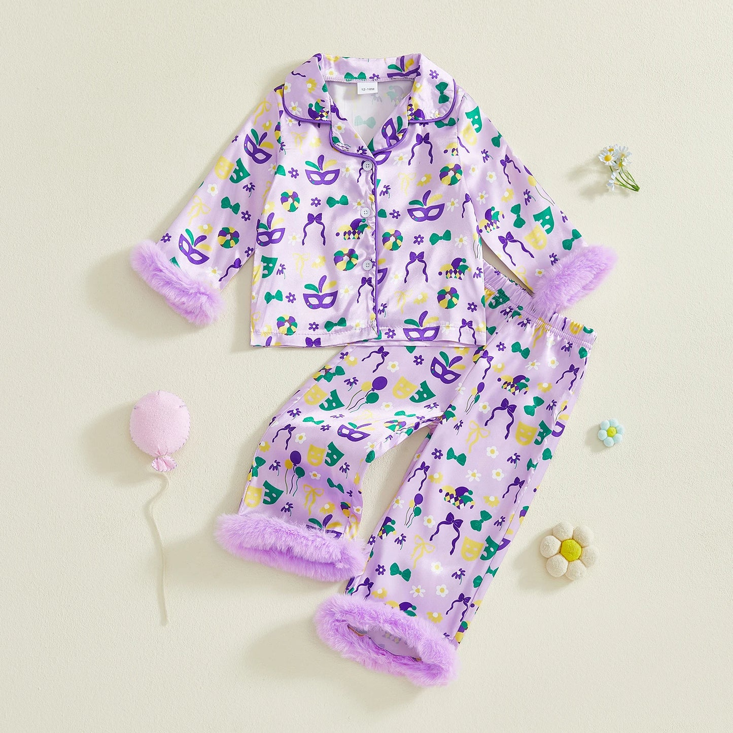 Toddler Kids Girls 2Pcs Mardi Gras Carnival Pajamas Set Long Sleeve Hat Bowtie Print Fur Cuffs Top and Pants Set Sleepwear