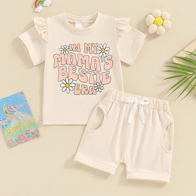 Baby Toddler Girl 2Pcs In My Mama's / Auntie's Bestie Era Short Sleeve Daisy Letter Print Top Shorts Set Spring Summer Outfits