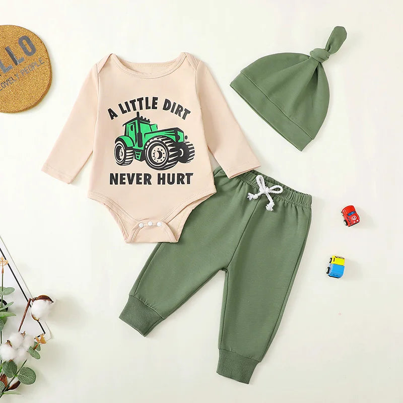 Baby Boys 3Pcs Fall Outfit A Little Dirt Never Hurt Tractor Print Long Sleeve Romper and Elastic Pants Beanie Hat Set