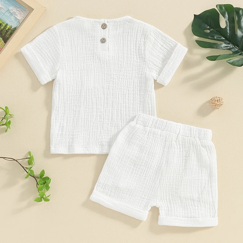 Baby Toddler Boys Girls 2Pcs Summer Clothes Set Solid Cotton Linen Pocket Short Sleeve Top + Button Pocket Shorts Beach Casual Outfit