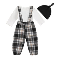 Load image into Gallery viewer, Baby Boys 3Pcs Mama&#39;s Boy Gentleman Outfit Long Sleeve Letter Embroidery Romper Bowtie Plaid Suspender Pants Beanie Hat Set
