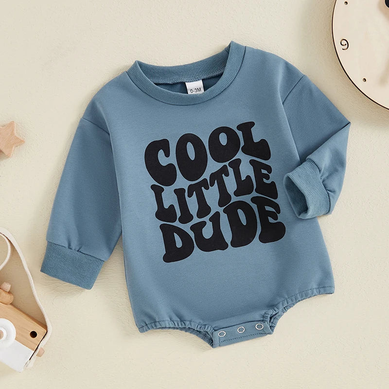 Baby Boy Cool Little Dude Bubble Romper Letter Print Round Neck Long Sleeve Casual Jumpsuit Bodysuit