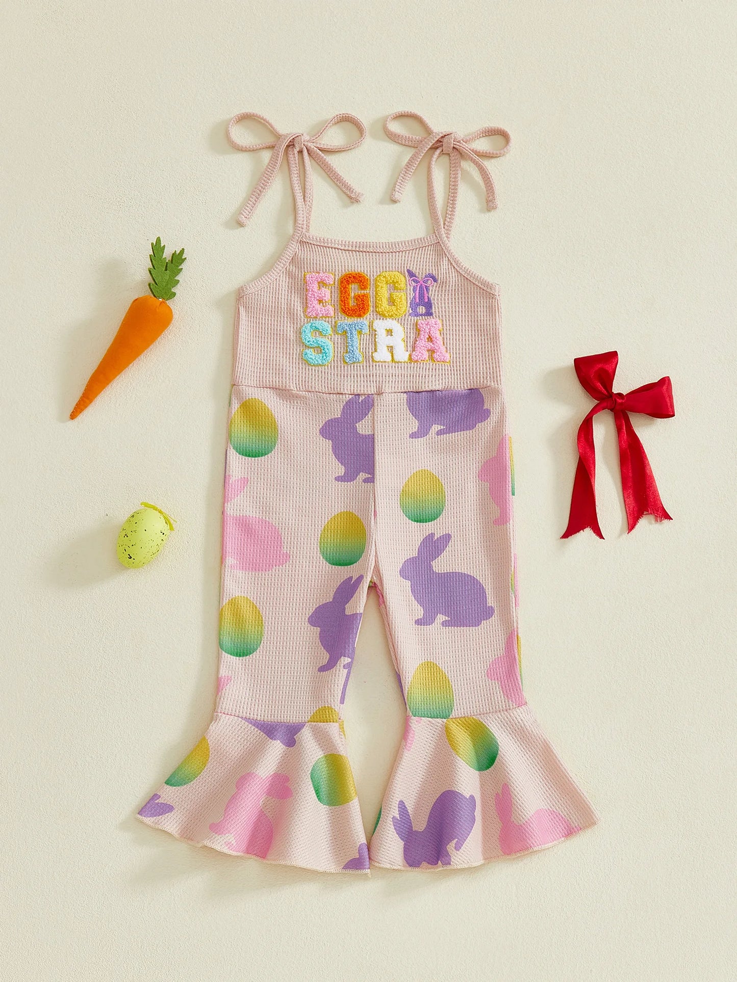 Baby Toddler Girls Easter Jumpsuit Eggstra Bell Bottoms Letter Easter Egg Bunny Bow Pattern Sleeveless Overalls Romper