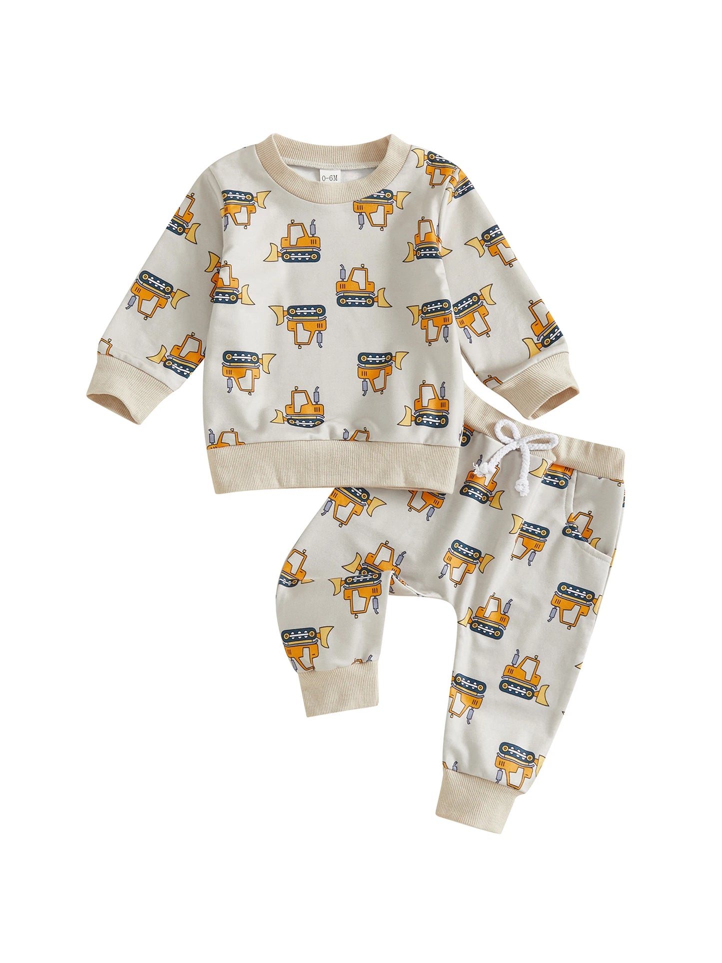 Baby Toddler Boys 2Pcs Autumn Sets Long Sleeve O Neck Excavator Print Top Drawstring Pants Jogger Set