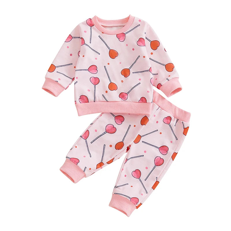 Baby Toddler Girls 2Pcs Valentine's Day Outfit Heart Candy Print Long Sleeve Top with Long Pants Valentines Jogger Set