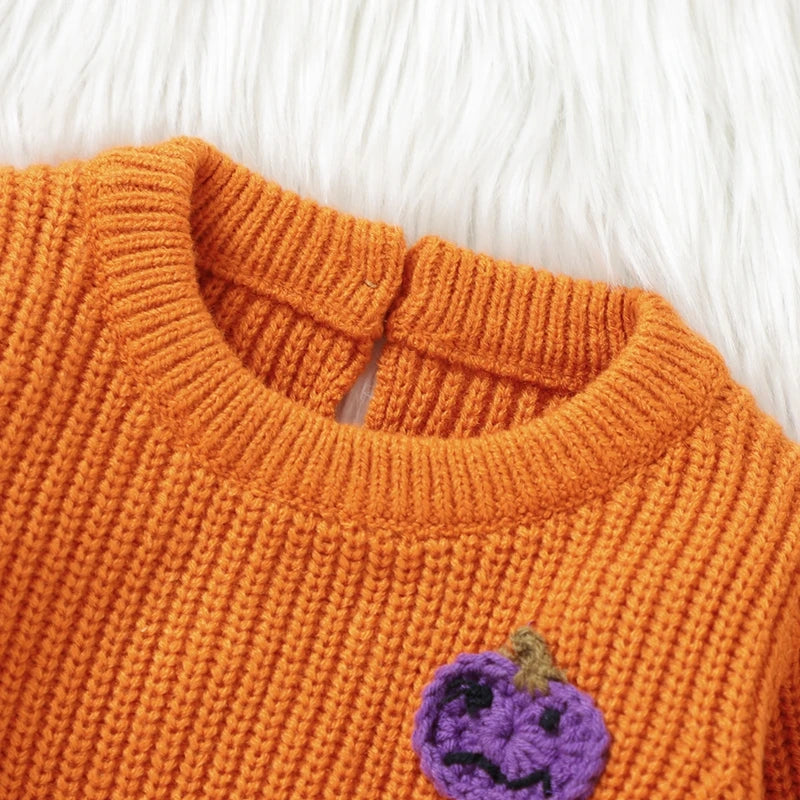 Baby Boys Girls Halloween Knit Romper Pumpkin Embroidery Round Neck Long Sleeve Sweater Jumpsuit