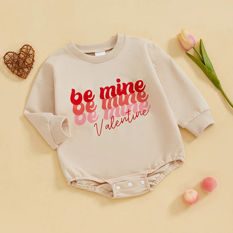 Baby Girl Boy Be Mine Valentine Valentine's Day Bubble Romper Letter Print Long Sleeve Valentines Jumpsuit