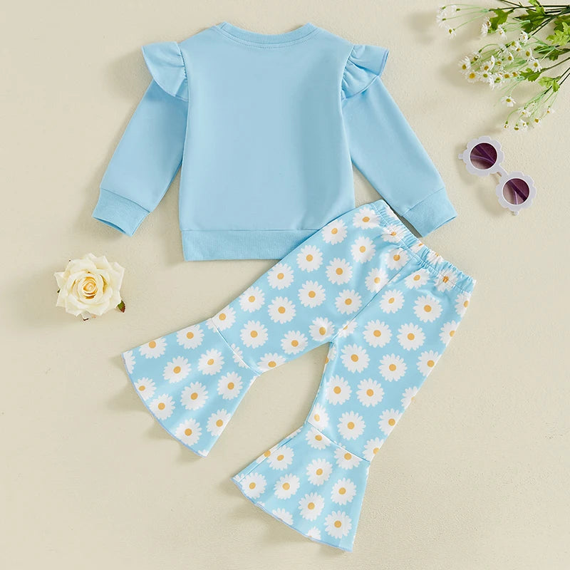 Toddler Kids Girls 2Pcs Fall Outfit Flying Sleeve Solid Color Pullover Top with Flower Floral Flared Pants Set