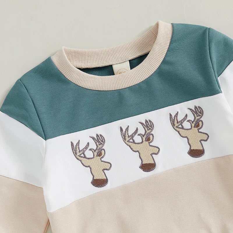 Baby Toddler Boy 2Pcs Christmas Winter Jogger Set Reindeer Whale Deer Duck Embroidery Long Sleeve Crewneck Pocket Long Pants Contrast Outfit