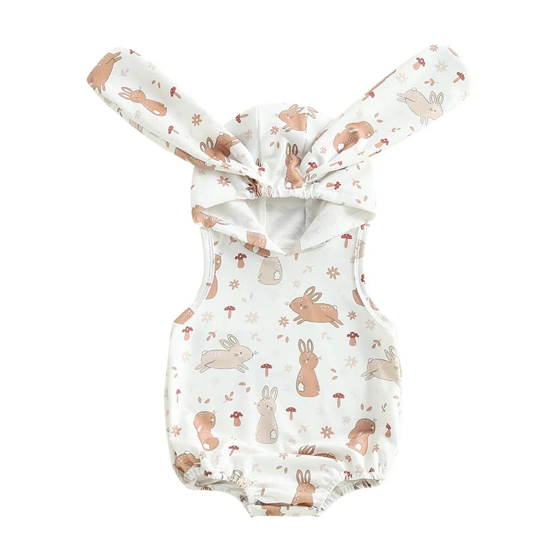 Baby Girls Boys Easter Romper Carrot / Bunny Print Sleeveless Tank Rabbit Ears Hooded Jumpsuit