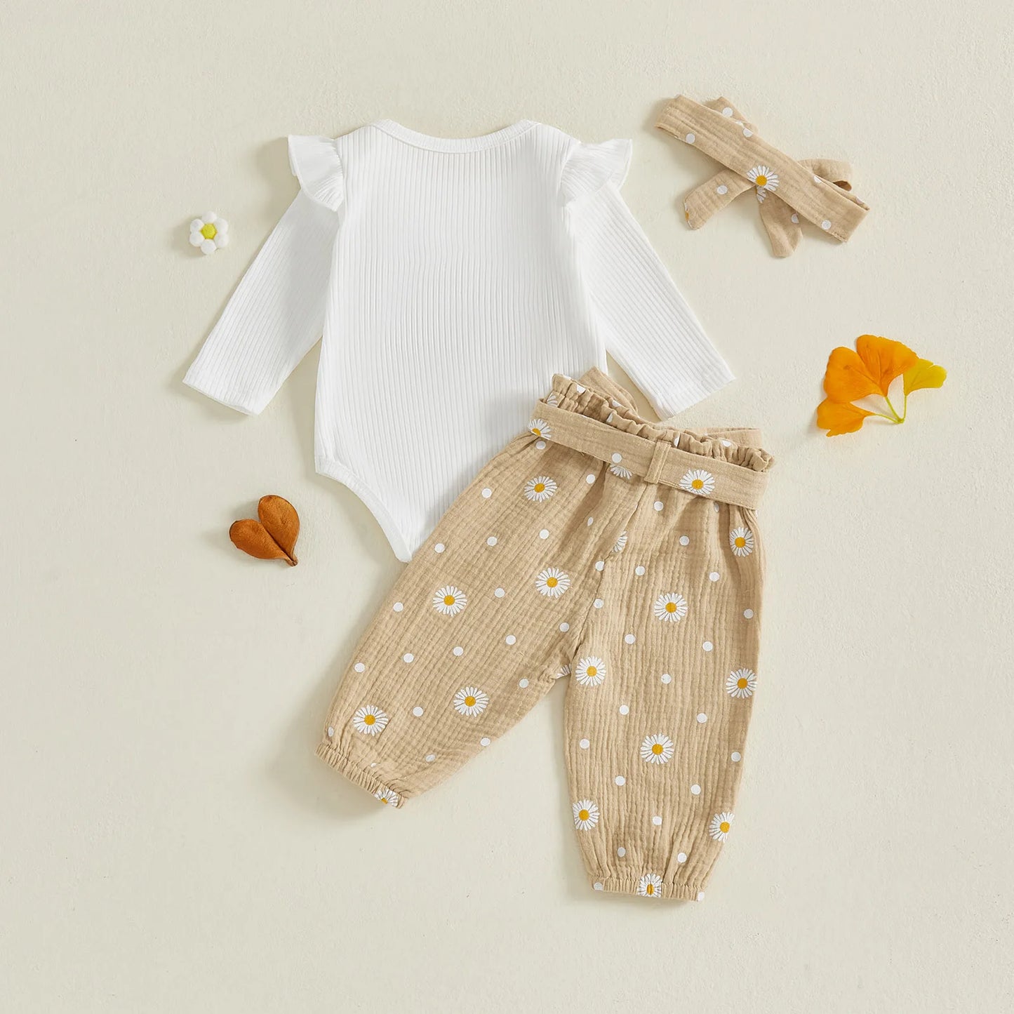 Baby Toddler Girls 3Pcs Daddy's Girl Fall Outfit Letter Embroidery Long Sleeve Romper Daisy Print Pants with Belt and Headband Set