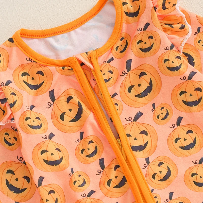 Baby Girls Halloween Romper Pumpkin Print Ruffle Trim Long Sleeve Full Length Zipper Jumpsuit for Fall