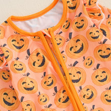 Load image into Gallery viewer, Baby Girls Halloween Romper Pumpkin Print Ruffle Trim Long Sleeve Full Length Zipper Jumpsuit for Fall
