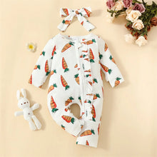 Load image into Gallery viewer, Baby Girl 2Pcs Easter Outfit Long Sleeve Carrot Print Ruffle Zipper Romper Crewneck Jumpsuit Bow Headband Set
