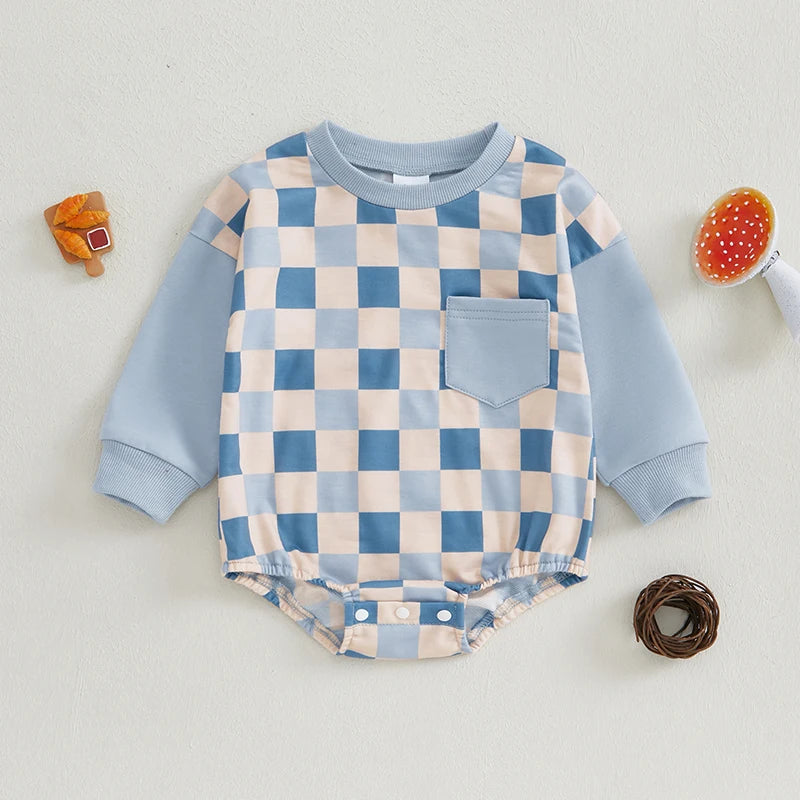 Baby Girl Boy Checkered Bubble Romper Casual Plaid Print Long Sleeve Jumpsuit