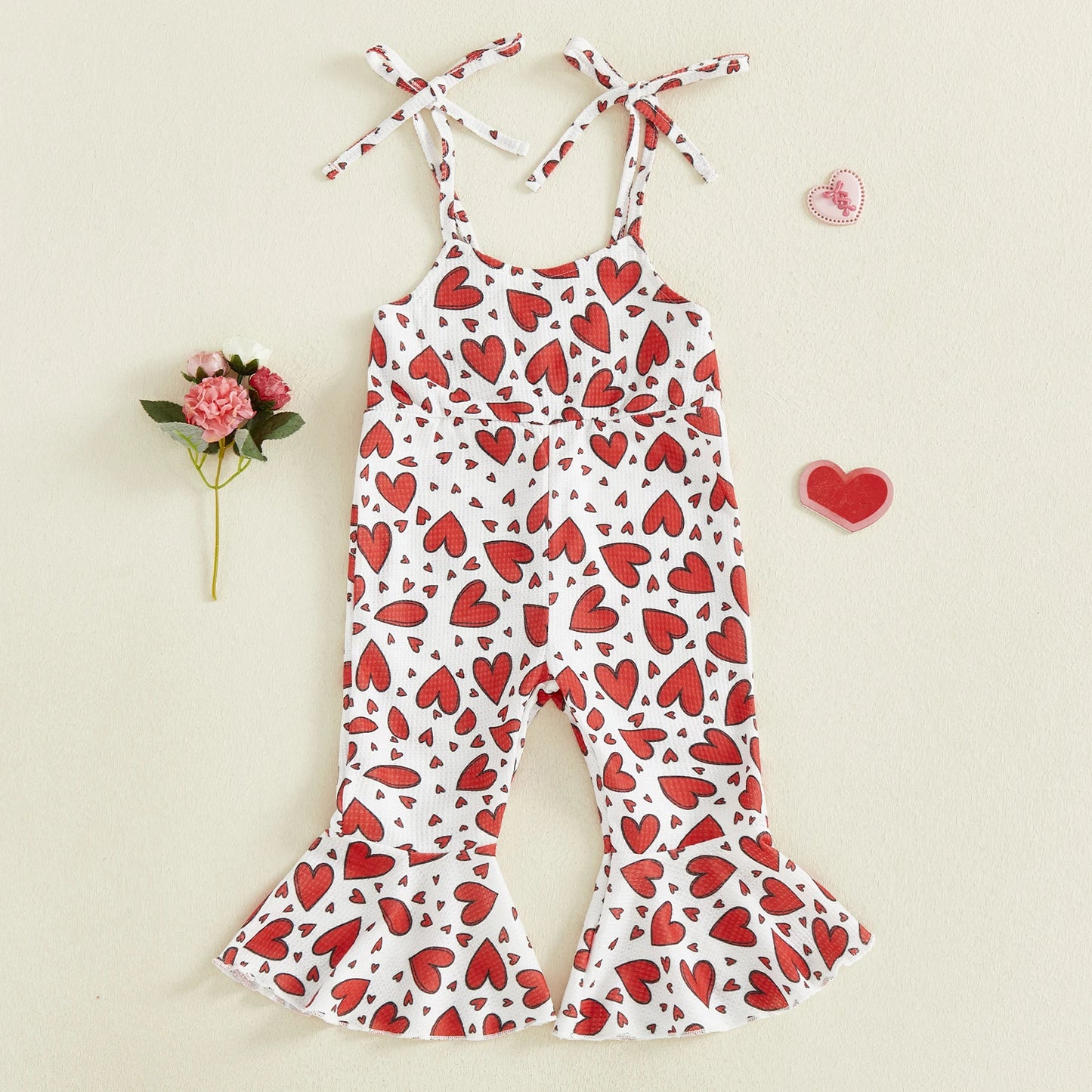 Toddler Kids Girls Valentine's Day Jumpsuit Sleeveless Tie Shoulder Straps Heart Print Romper Bell Bottoms
