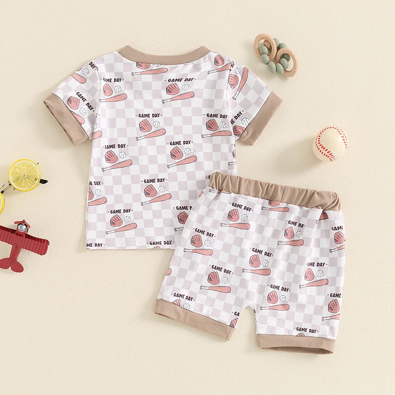 Baby Toddler Boys 2Pcs Baseball Print Short Sleeve Top with Elastic Waist Shorts Summer Outfit Set