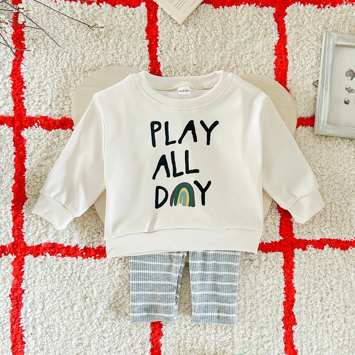 Baby Toddler Boys Girls 2Pcs Play All Day Words Letters Rainbow Print Pullover Top + Striped Pants Outfit Set