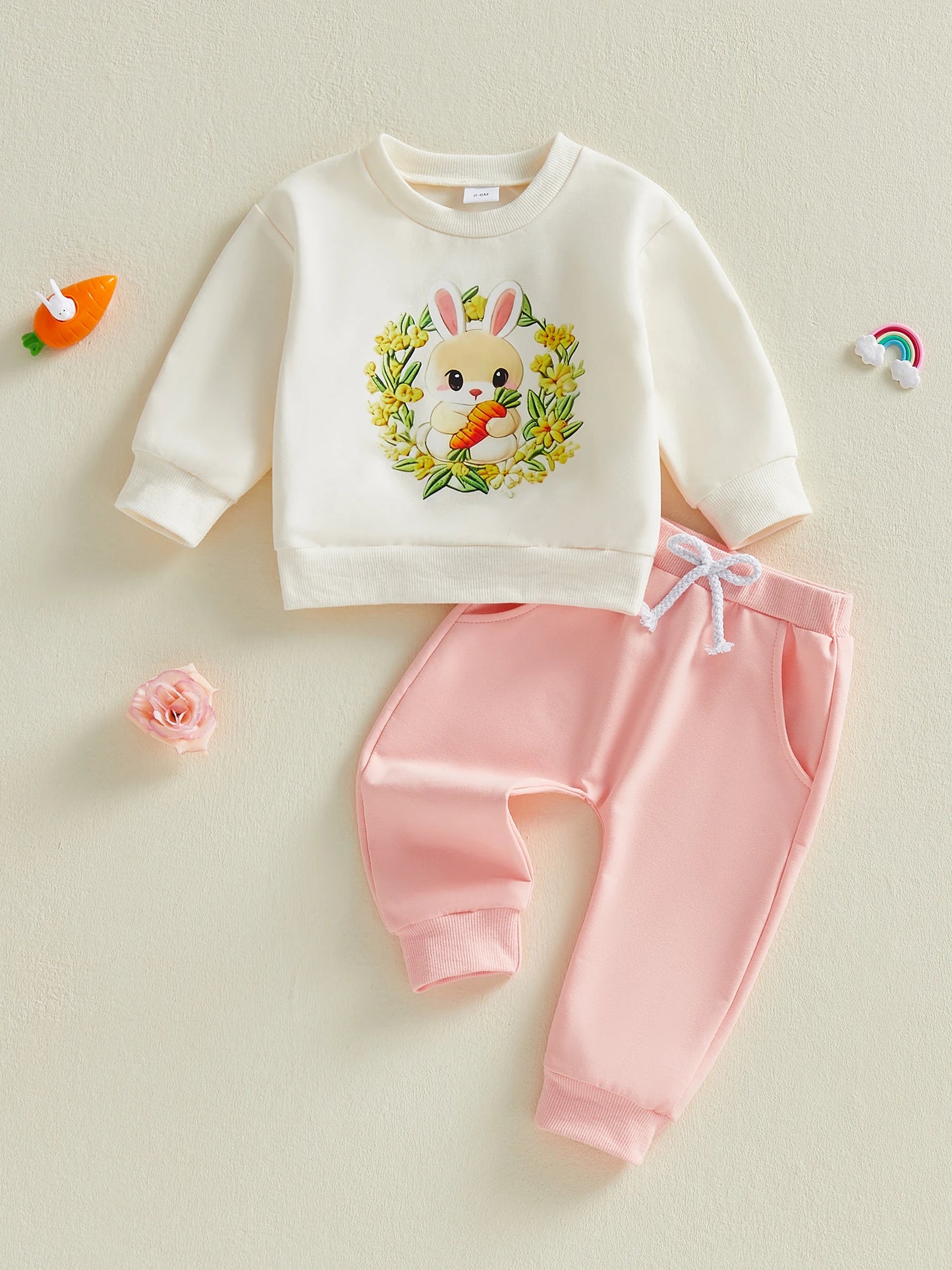 Baby Toddler Girls 2Pcs Easter Outfit Rabbit Flower Embroidery Long Sleeve Crew Neck Top and Elastic Waist Pants Jogger Set