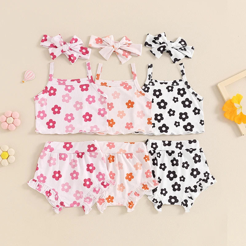 Baby Girls 3Pcs Outfit Floral Sleeveless Camisole Tank Top and Elastic Ruffle Shorts Headband Set Clothes