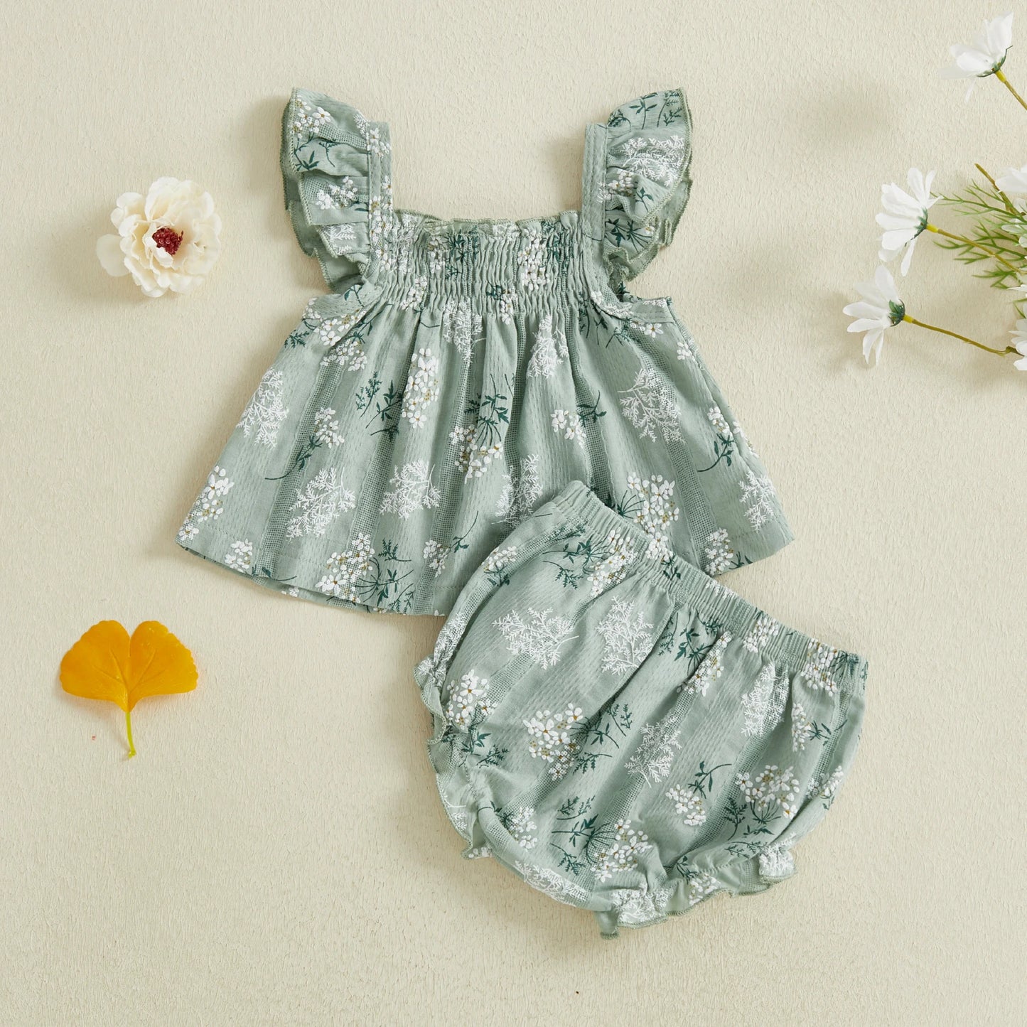 Baby Toddler Girl 2Pcs Summer Outfit Flower Flying Sleeve Ruffle Tank Top and Shorts Bloomers 2 Piece Casual Set