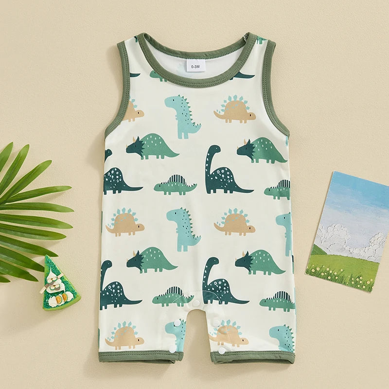 Baby Boys Summer Spring Romper Sleeveless Cartoon Dinosaur Print Tank Top Jumpsuit