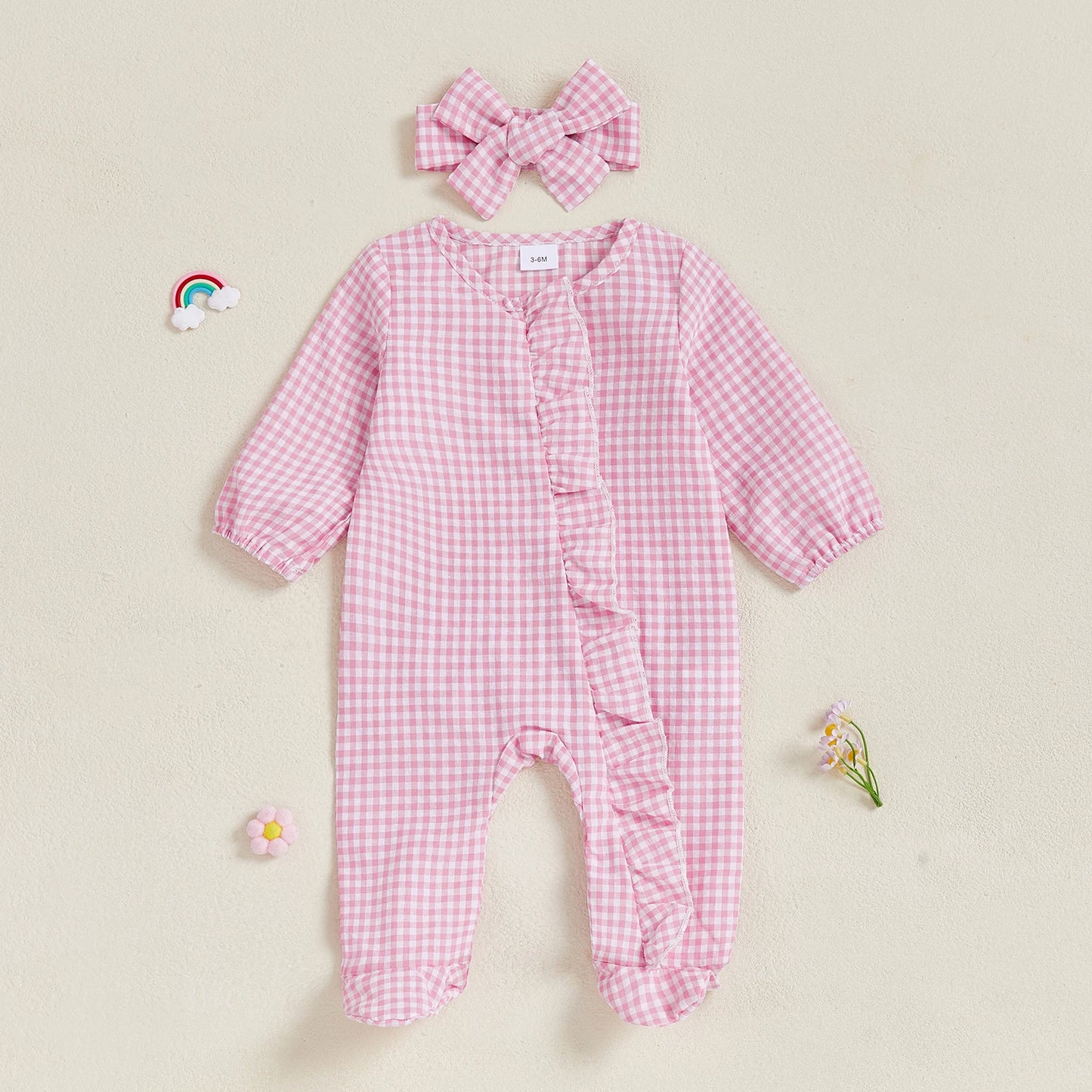 Baby Girl 2Pcs Fall Footies and Headband Set Plaid Ruffled Trim Zip Front Long Sleeve Zipper Romper