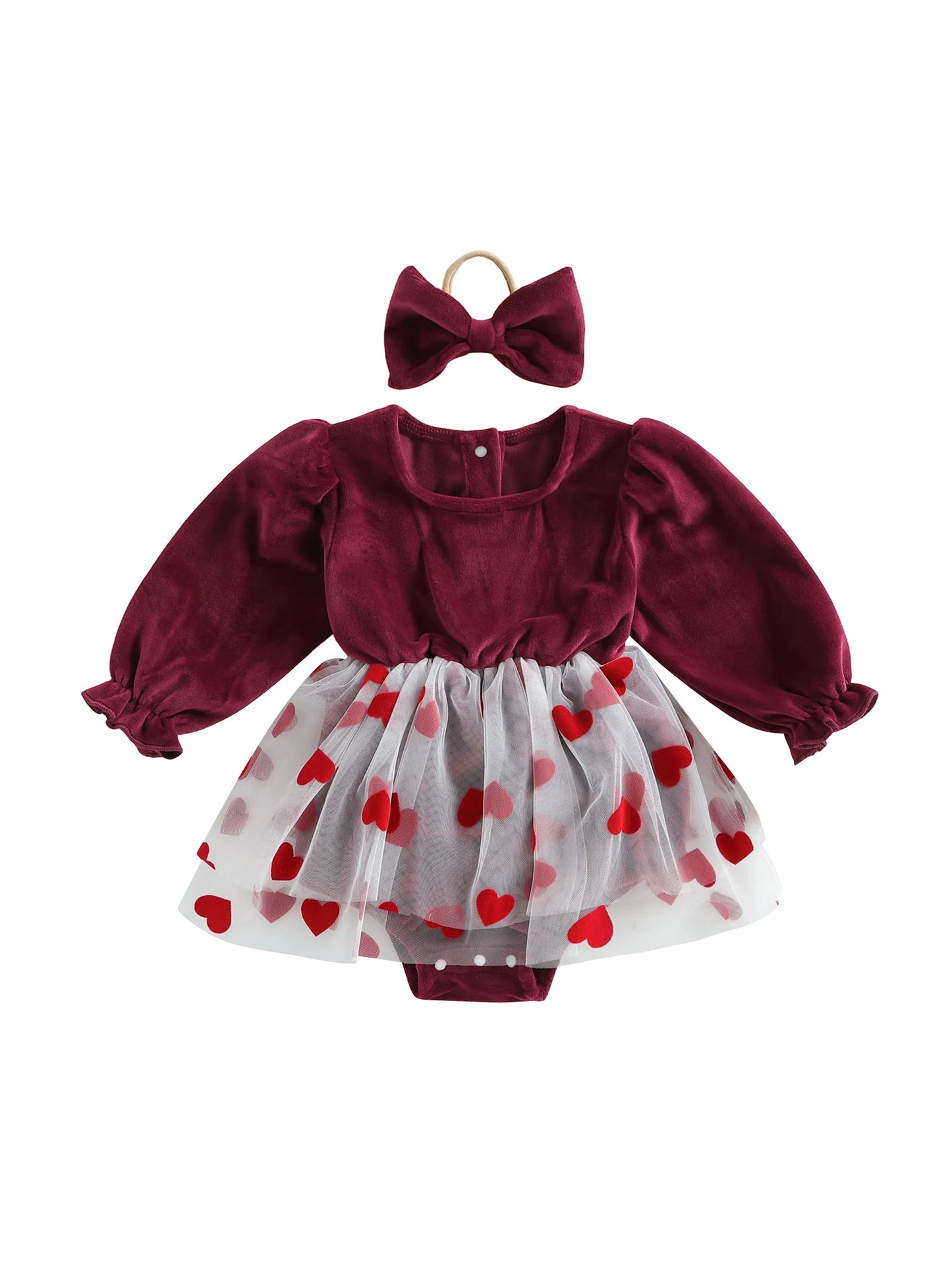 Baby Girls 2Pcs Valentine's Day Romper Dress Long Sleeve Heart Print Tulle Skirt Jumpsuits Headband Bow Set