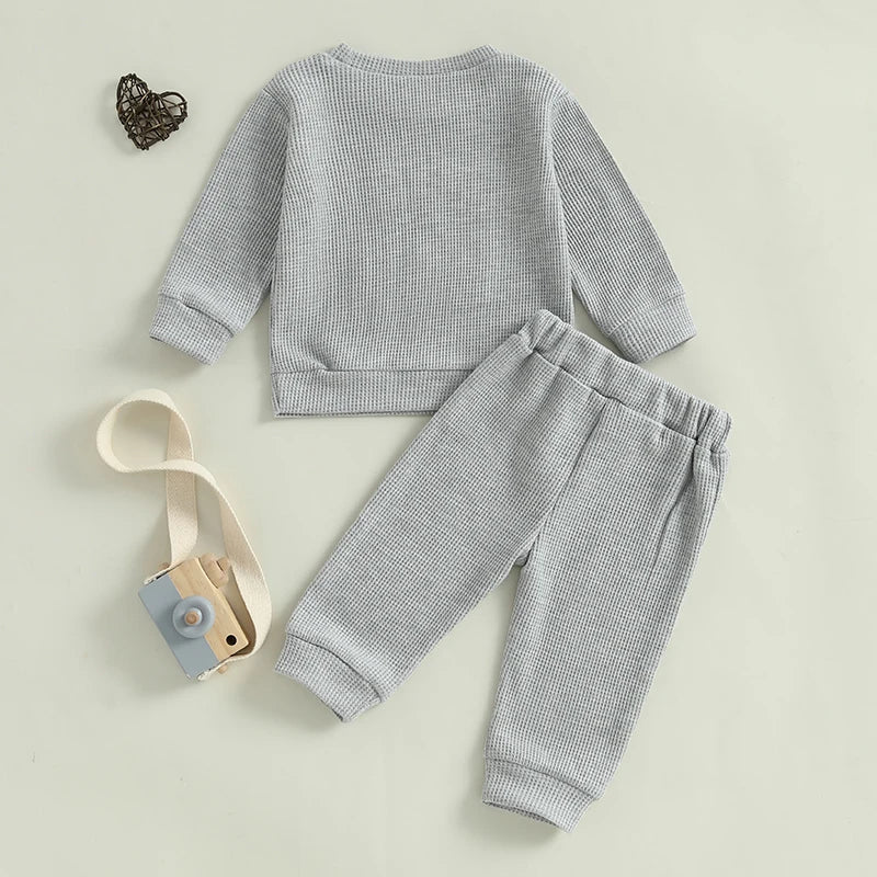 Baby Toddler Boys 2Pcs Lover Boy Valentine's Day Outfit Letter Embroidery Ribbed Long Sleeve Crew Neck Top with Drawstring Jogger Pants Valentines Set