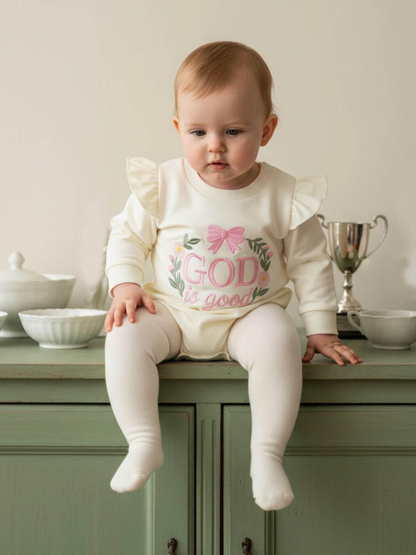 Baby Girl Autumn Casual Romper God Is Good Long Sleeve O Neck Letter Embroidery Bubble Romper