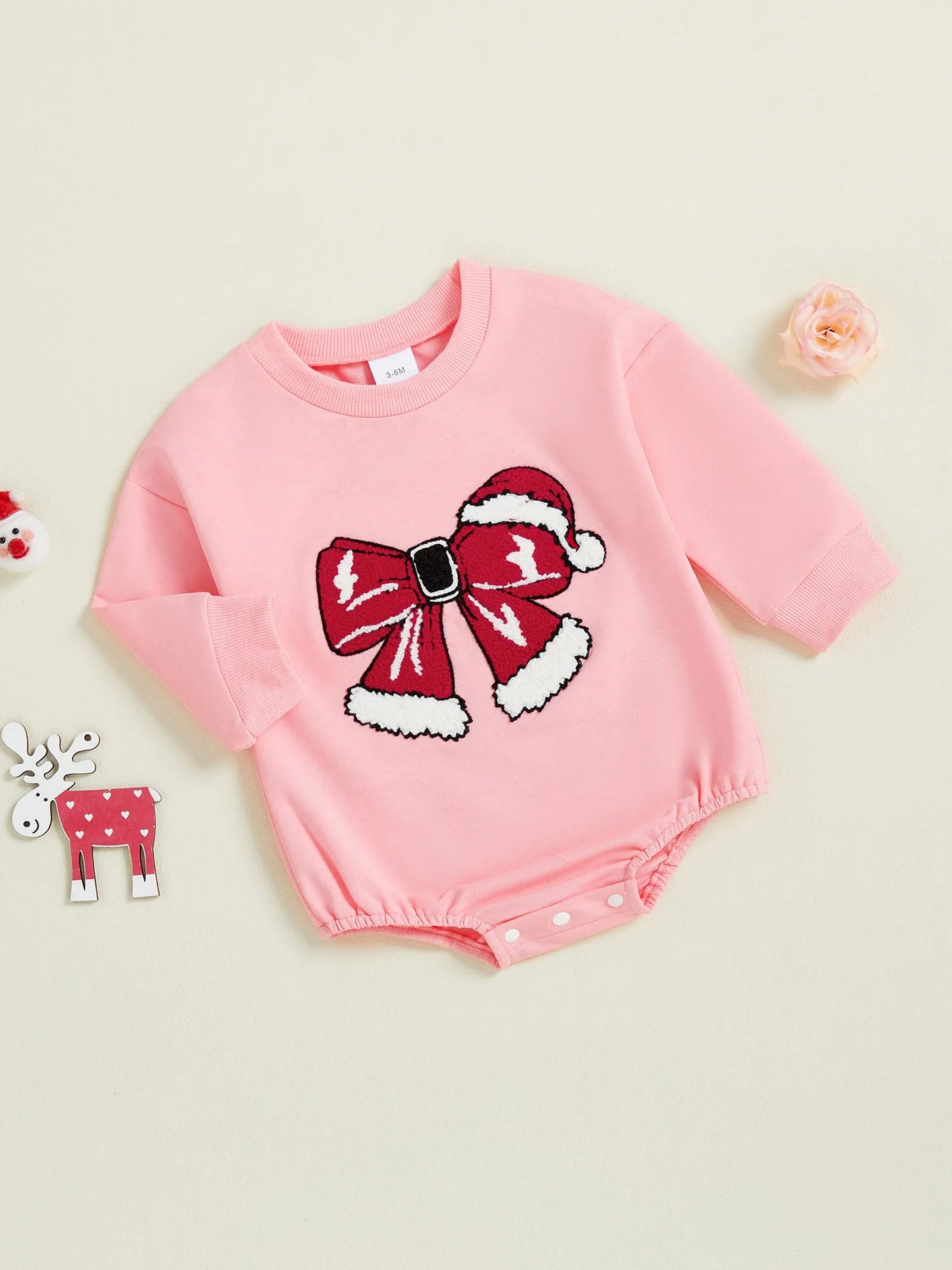 Baby Girl Christmas Romper Bow Embroidered Crewneck Long Sleeve Top Jumpsuit Cute Winter Fall Clothes