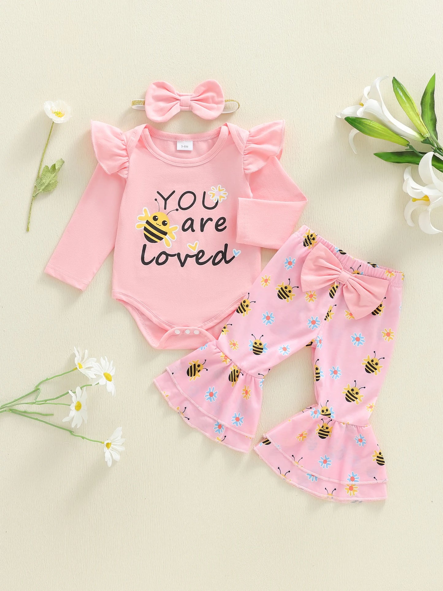 Baby Girls 3Pcs You Are Loved Long Sleeve O Neck Letter Bee Print Romper Flared Pants Headband Set