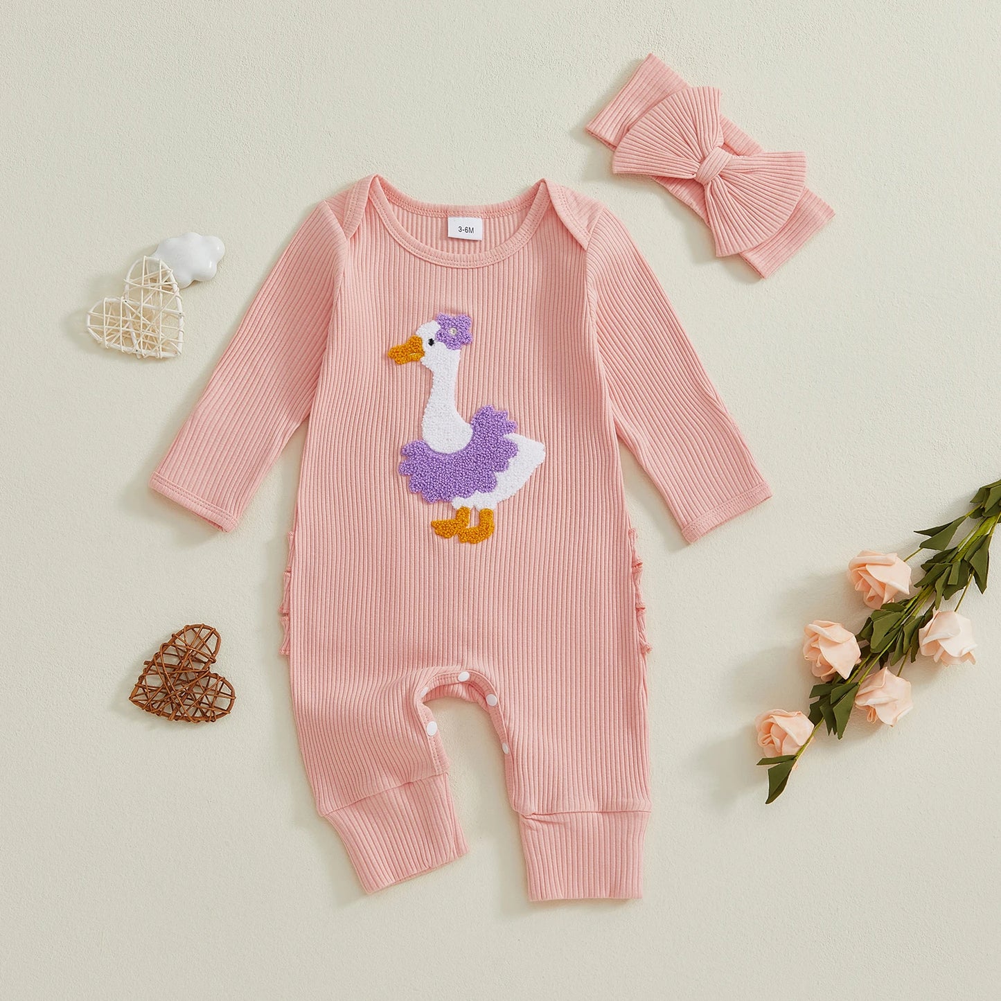 Baby Girl 2Pcs Fall Outfit Golf Goose Bee Print New to the Hive / Club Long Sleeve Ribbed Romper with Bow Headband 2Piece Set