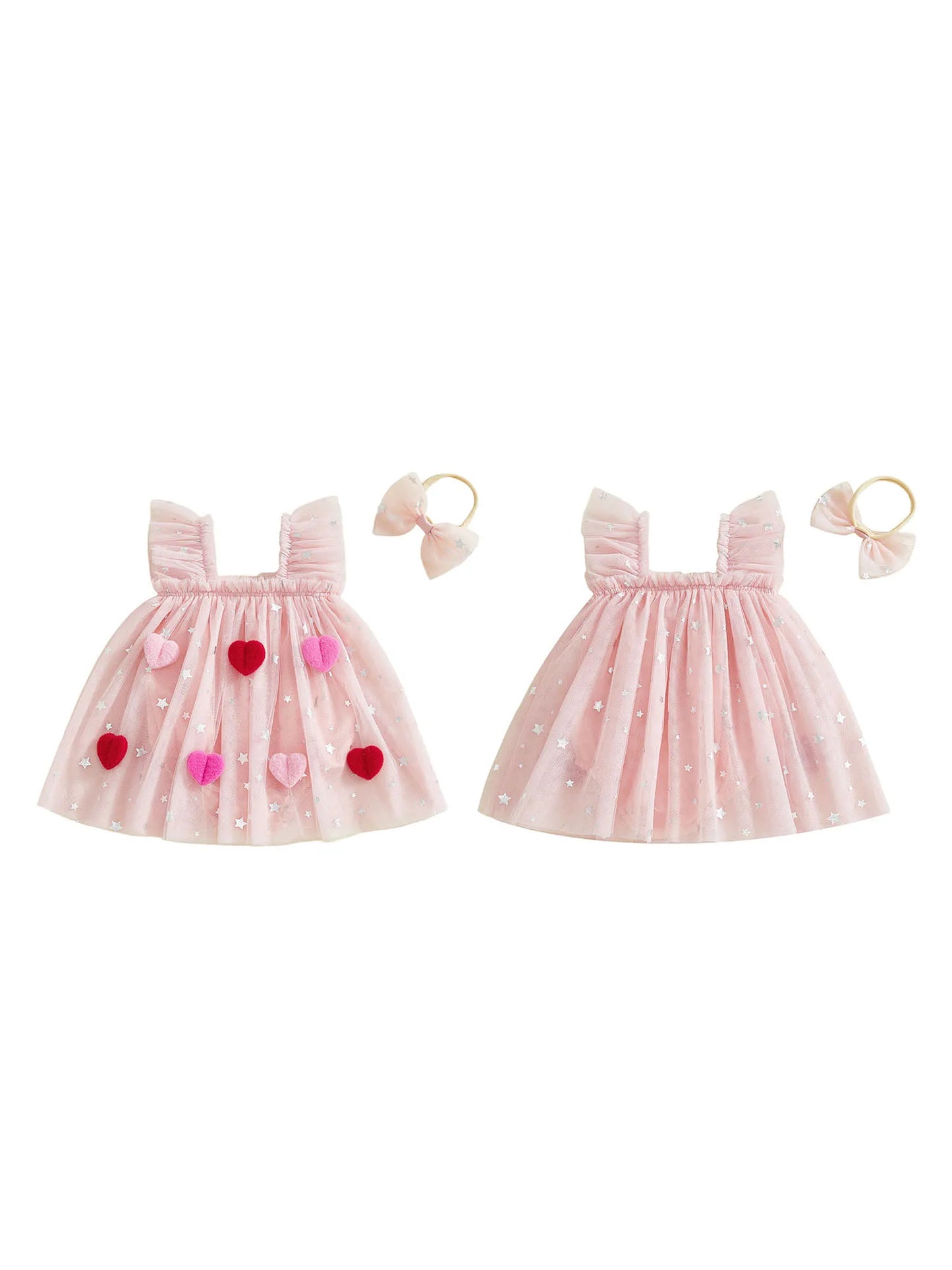 Baby Girl 2Pcs Valentine's Day Romper Dress Flying Sleeve Heart Decor Tulle Patchwork Romper with Headband Set