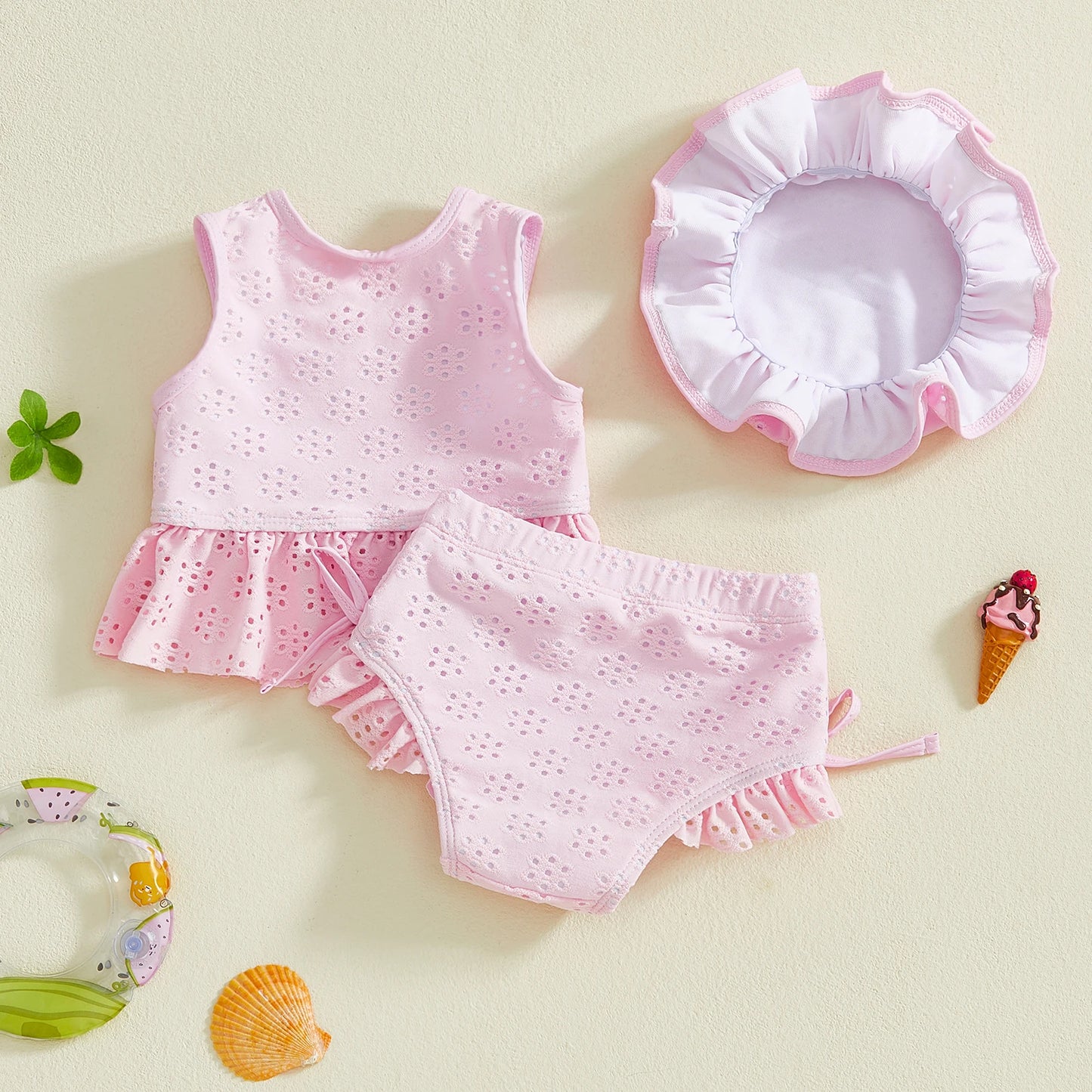 Baby Toddler Girls 3Pcs Swimsuit Set Sleeveless Crew Neck Solid Embroidery Top Bikini Bottoms and Hat Swimwear