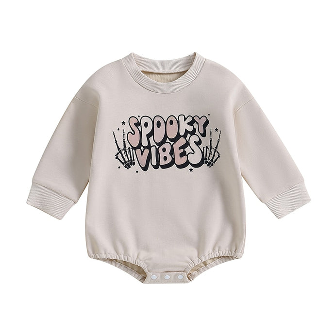 Baby Girls Halloween Bodysuit Long Sleeve Crew Neck Letters/Pumpkin/Ghost Print Jumpsuit Romper