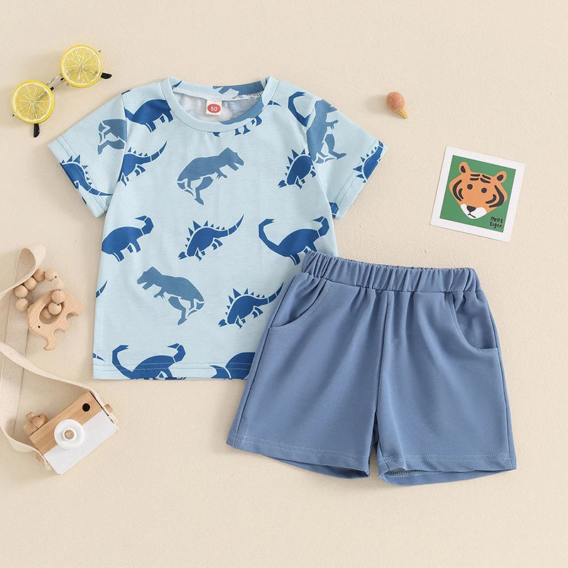 Baby Toddler Boys 2Pcs Outfit Dinosaur Print Short Sleeve Top Elastic Waist Shorts Clothes Set