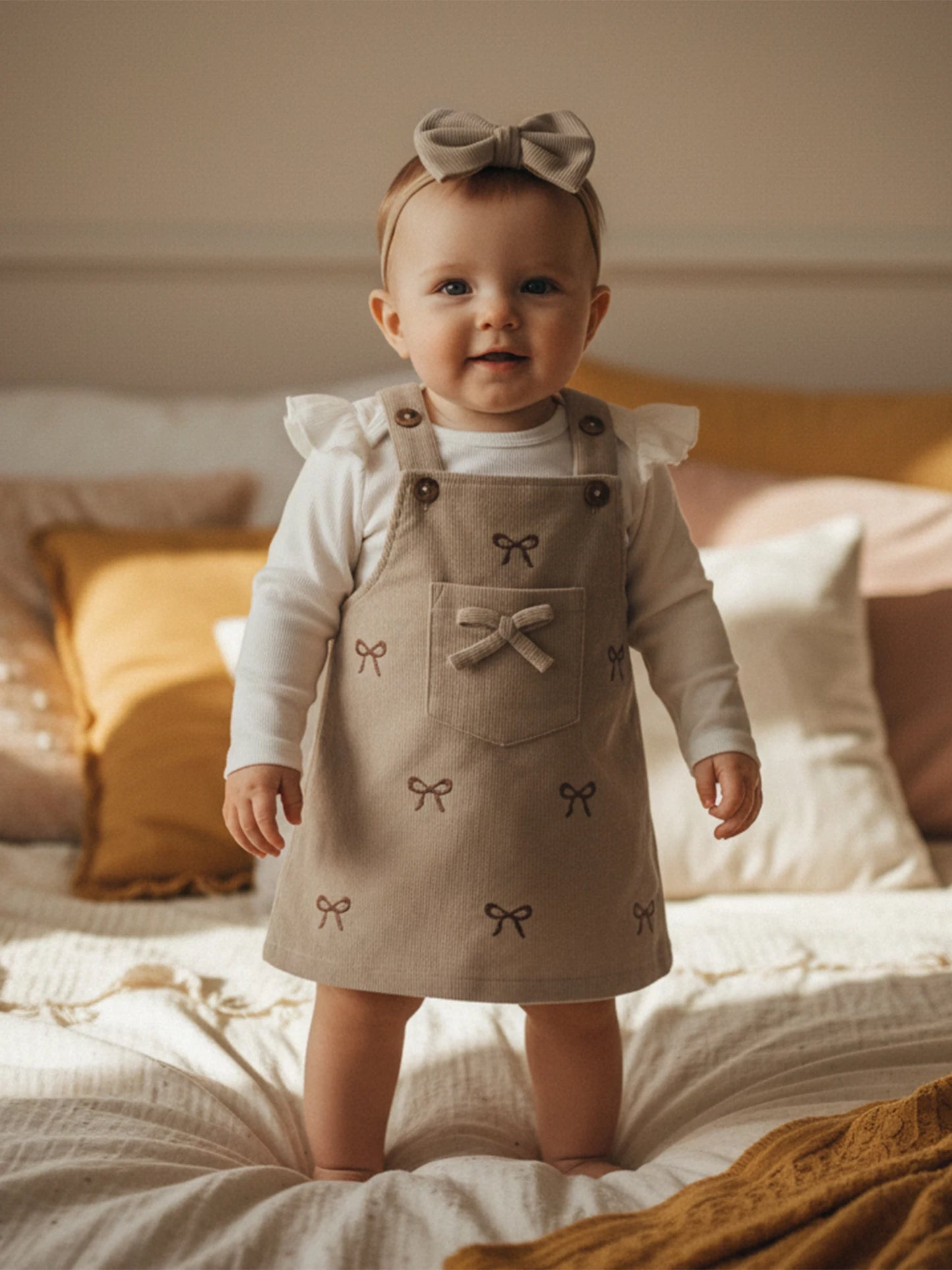 Baby Girls 3Pcs Outfit Ruffle Long Sleeve Crew Neck Romper Overall Bow Dress and Headband Set