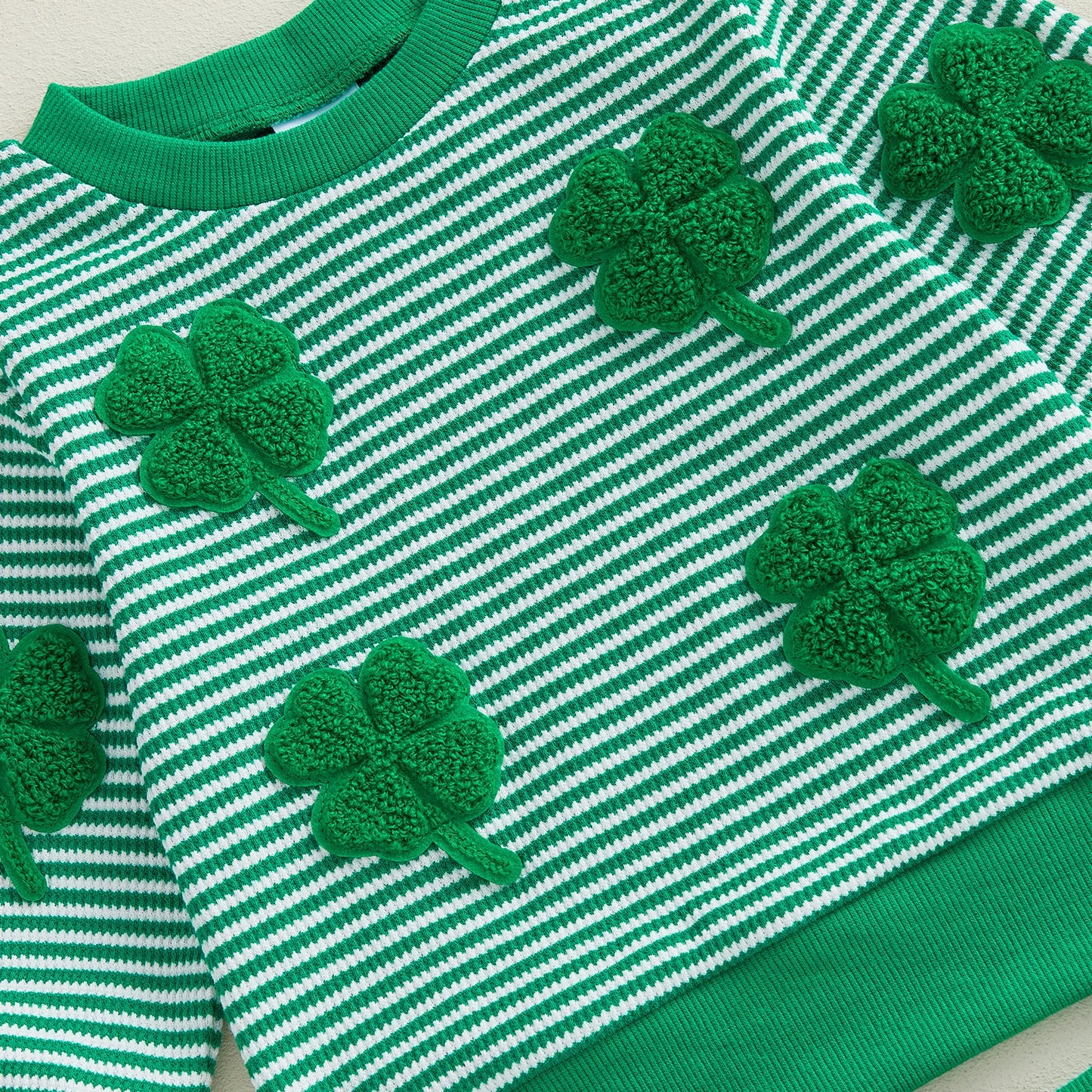 Baby Toddler Boy 2Pcs Spring Outfit Four-Leaf Clover Embroidery Long Sleeve O-Neck Pullover + Elastic Waist Stripe Pants St. Patrick's Day Jogger Set