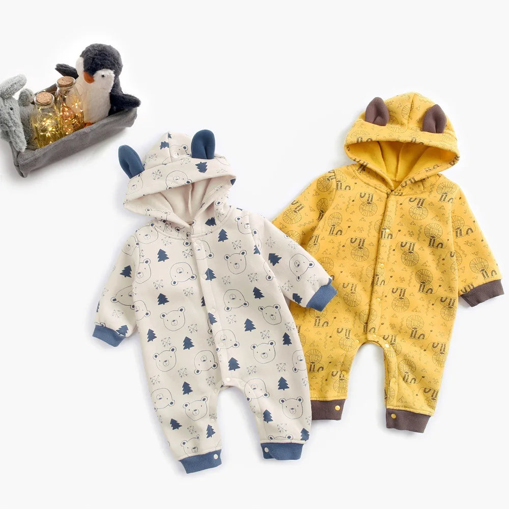 Baby Toddler Boy Girl Winter Clothes Fleece Thick Baby Romper Warm Long Sleeve Hooded Ears Jumpsuit