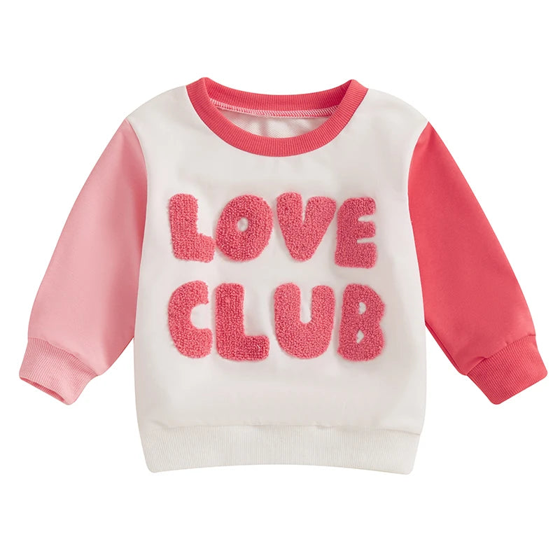 Baby Toddler Kids Girls LOVE CLUB Valentine's Day Letter Embroidered Contrast Color Long Sleeve O-Neck Casual Top